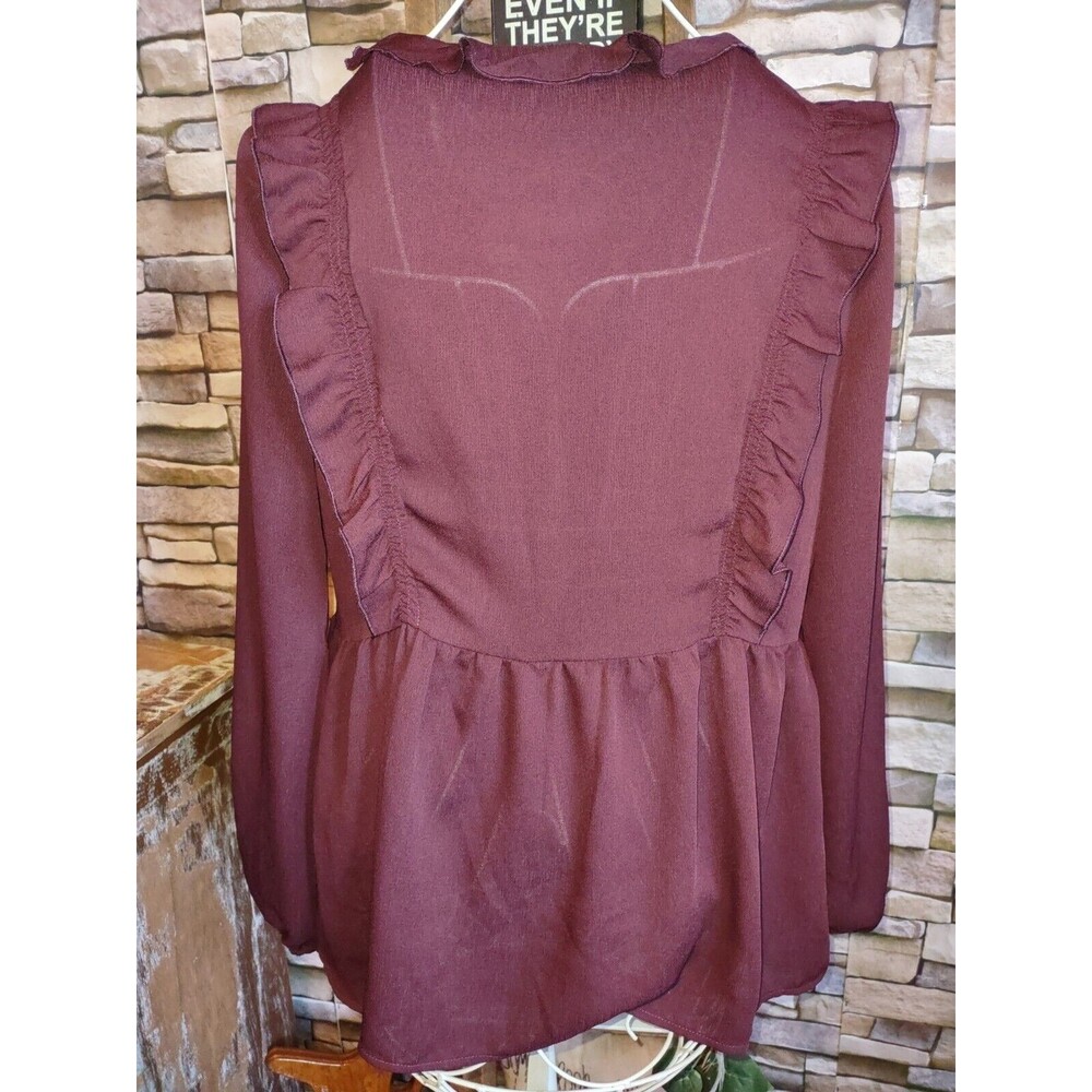 Sz Med Ann Taylor Loft Burgundy Top Blouse Ruffled LS Babydoll - Picture 6 of 6
